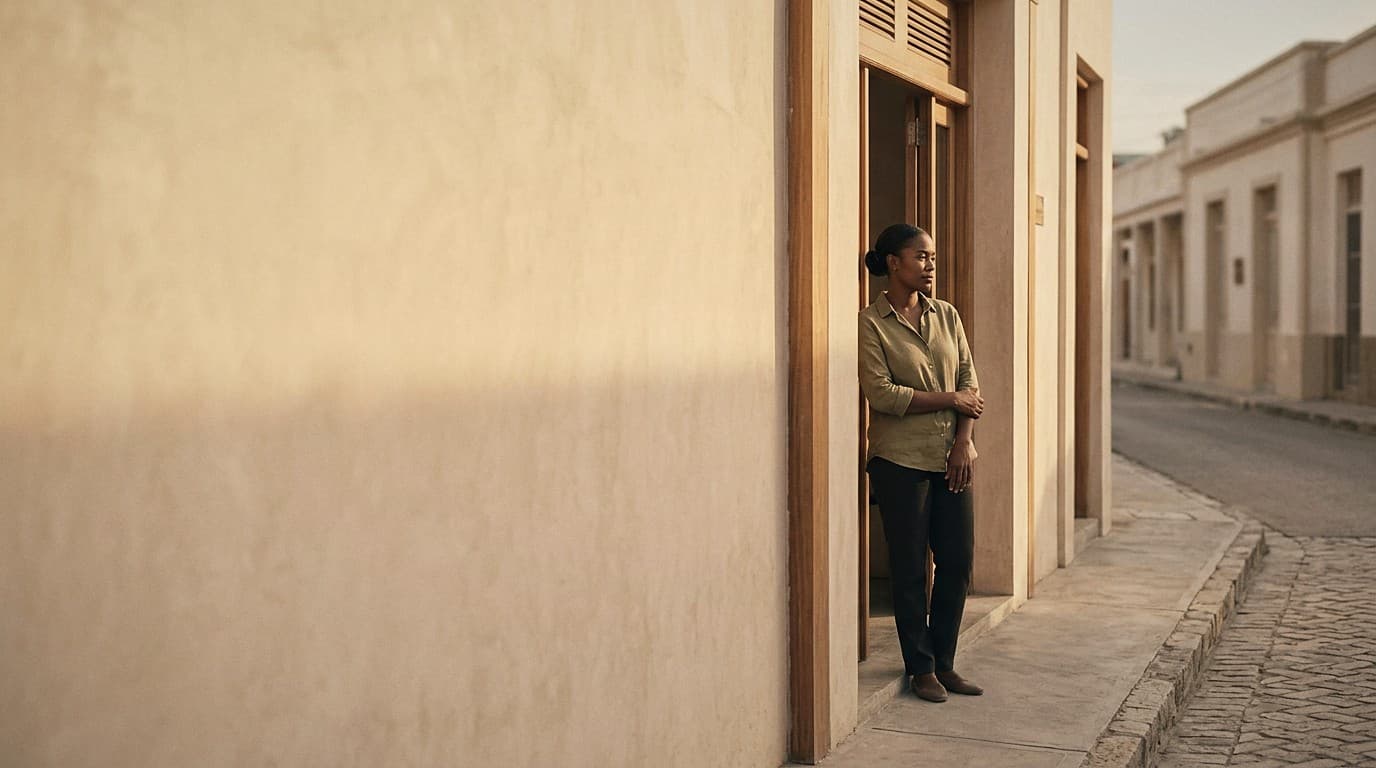 A shop owner in the doorway of her business at the end of the day